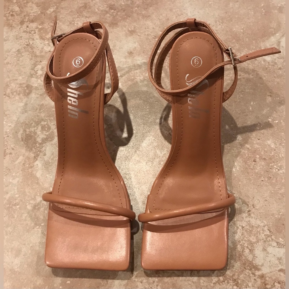 Square Toe Tan/Nude Color Strappy Stiletto 3” Heels - Size 6